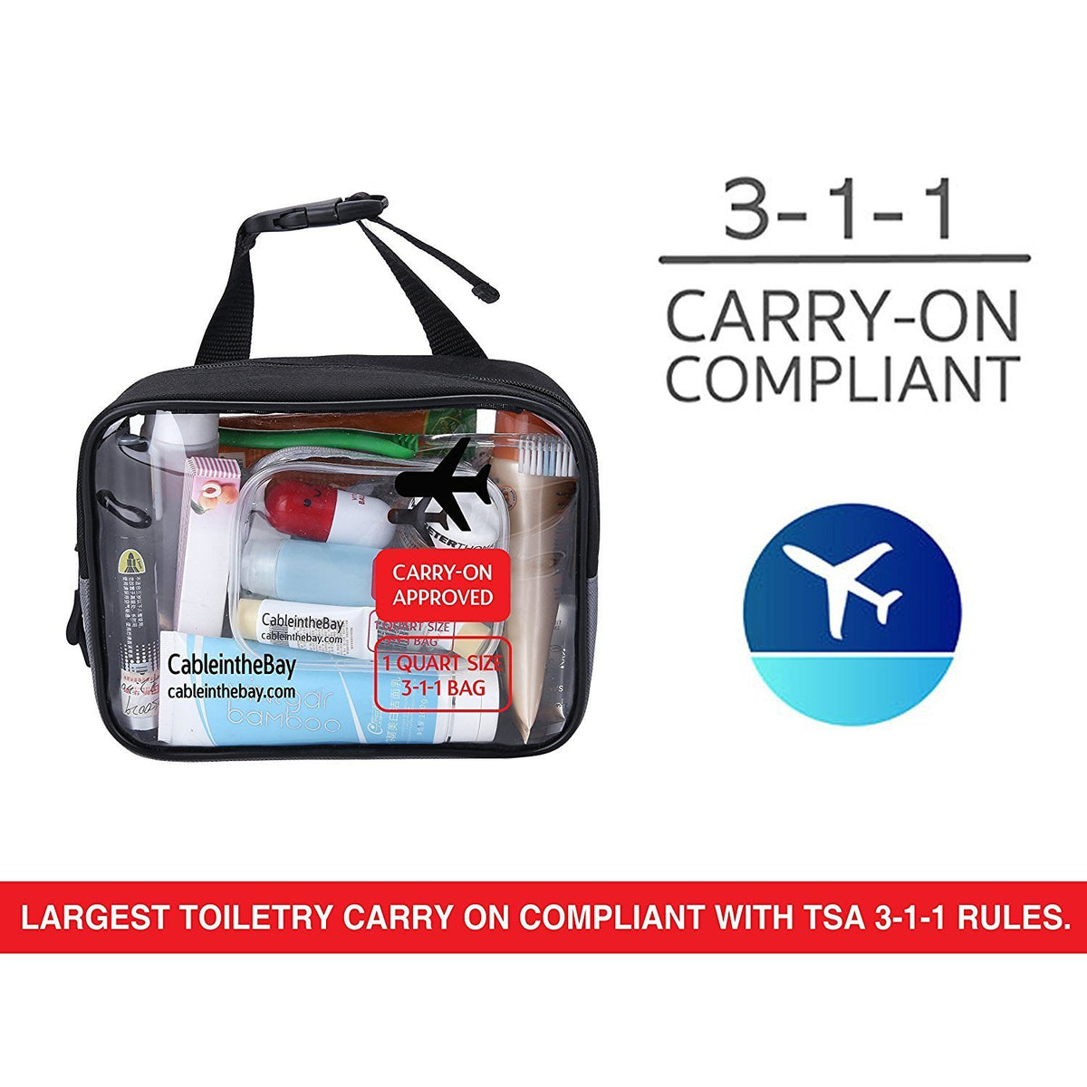TSA Approved Clear Travel HangingToiletry Bag+ Carrying Handle|Quart Size with Zipper|Airport Airline Compliant Bag|Carry-On for Liquids/ Bottles|Men's/Women's 3-1-1 Kit+Travel